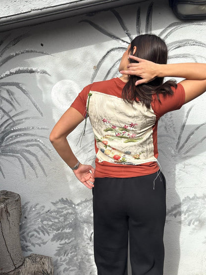 Maglietta Mattone Cotone - Seta Ricamata e Cordoncino