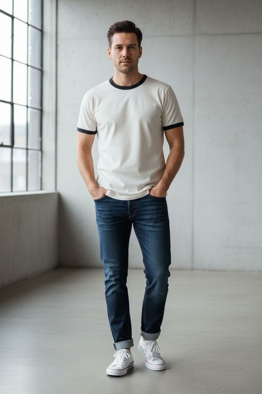 Maglietta bianco naturale con bordino nero