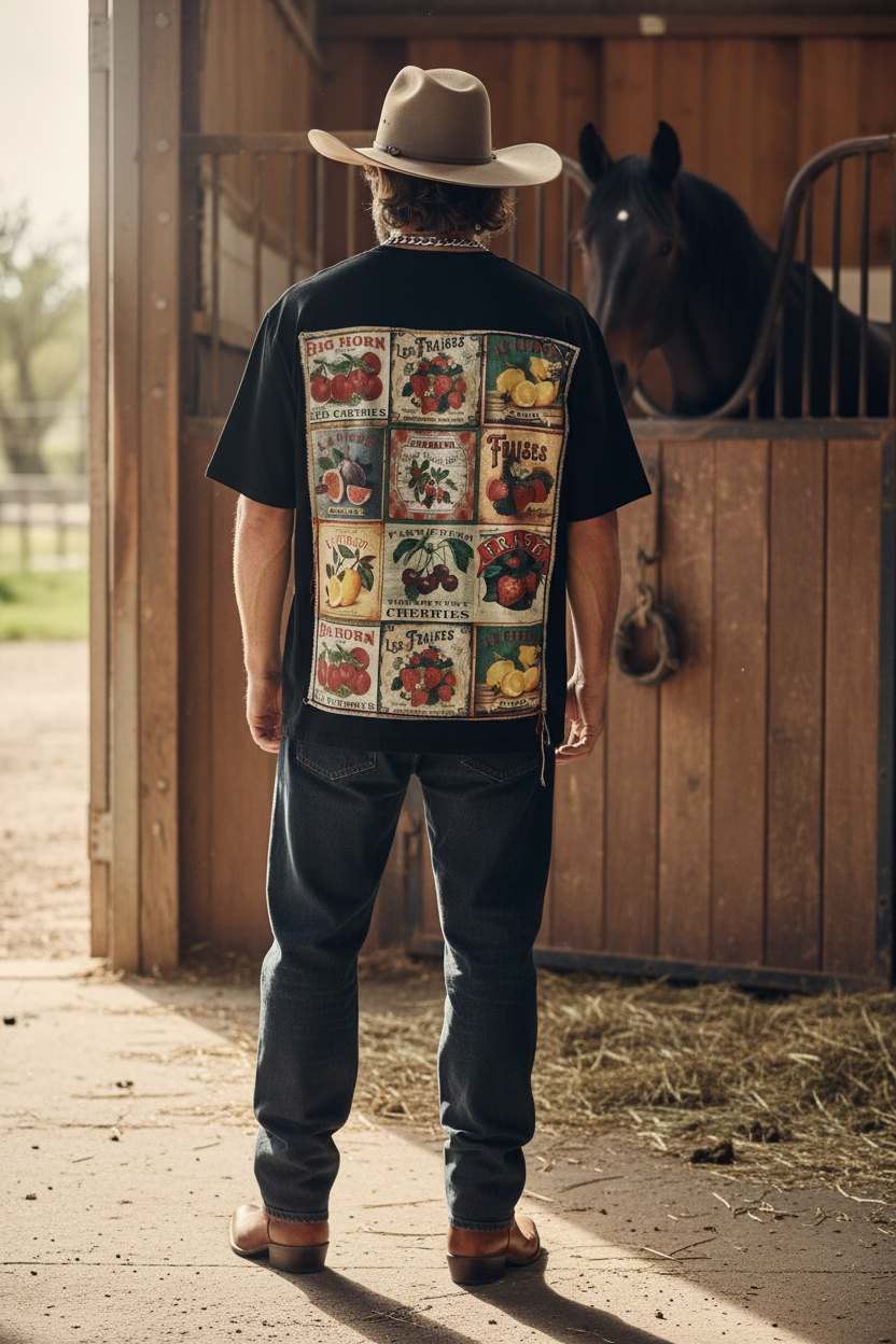 Vintage Fruit Labels Patchwork Tee — Cowboy Editorial